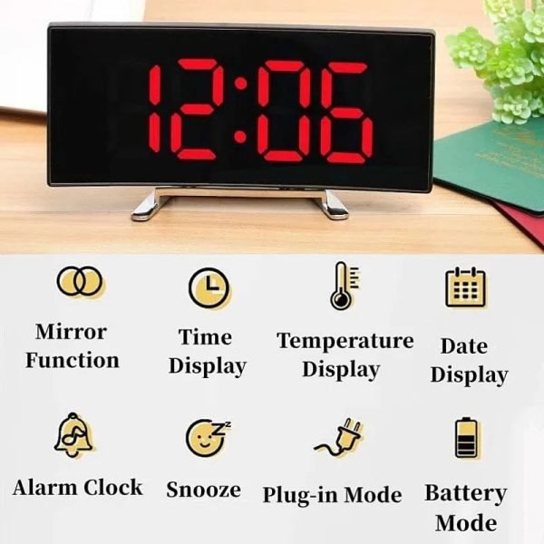 Curved Screen Digital Alarm Clock Temperature Date 2 Levels Brightness Adjustment Snooze Table Clock 12/24H Night Mode LED Clock - Image 10