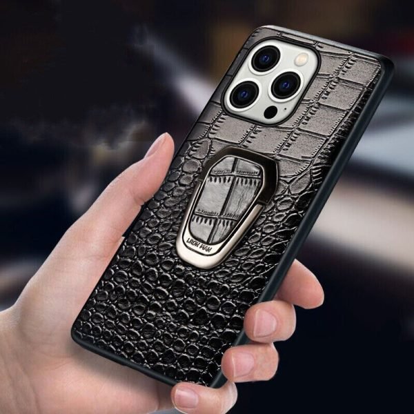 Genuine Leather Phone Case With Metal Ring Bracket For iPhone - Image 2